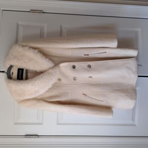 Guess Wool Blend White/off white Coat with Faux Fur Collar size large
